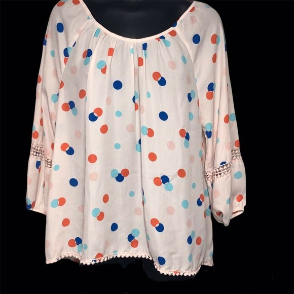Copper Key Top Womens Sz M Pink Polka Dot Hi-Lo Lace Trim 3/4 Sleeve Blouse - Picture 3 of 12